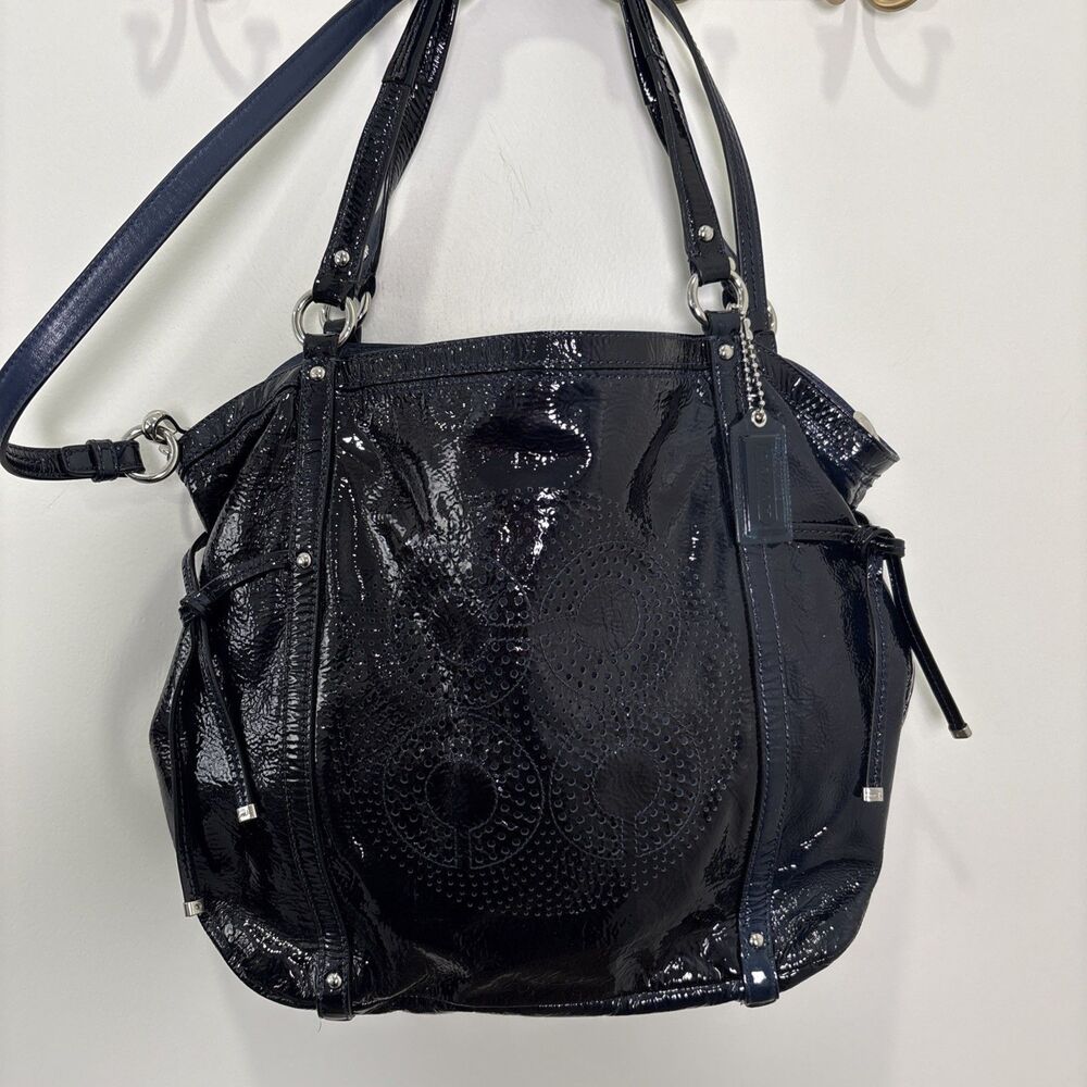 COACH 19569 Audrey Cinched Dark Blue Patent Leather Shoulder Bag Purse